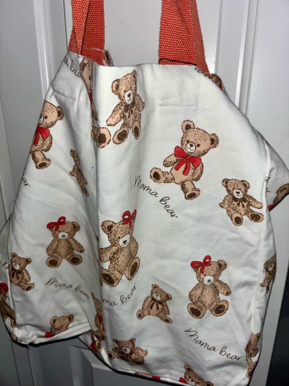 Mama Bear Teddy Print White Shoulder Bag with Orange Straps
